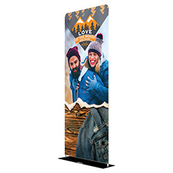Extend fabric banner display stand with black metal bases.