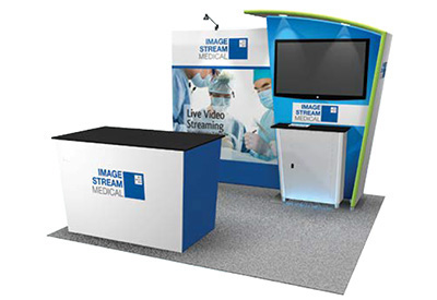 Featherlite Medallion 2 trade show display with stretch fabric canopy and architectural elements.