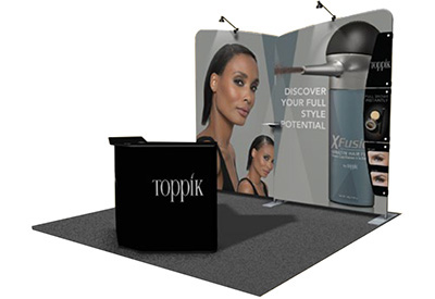 Featherlite Medallion trade show display with stretch fabric, aluminum tube frame and lights.