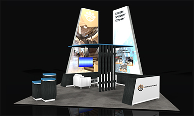 Featherlite custom trade show exhibit design with backlit elements and light box. 