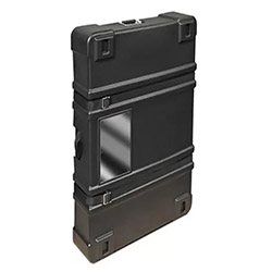 Black molded flat shipping case with built-in wheels and handles.