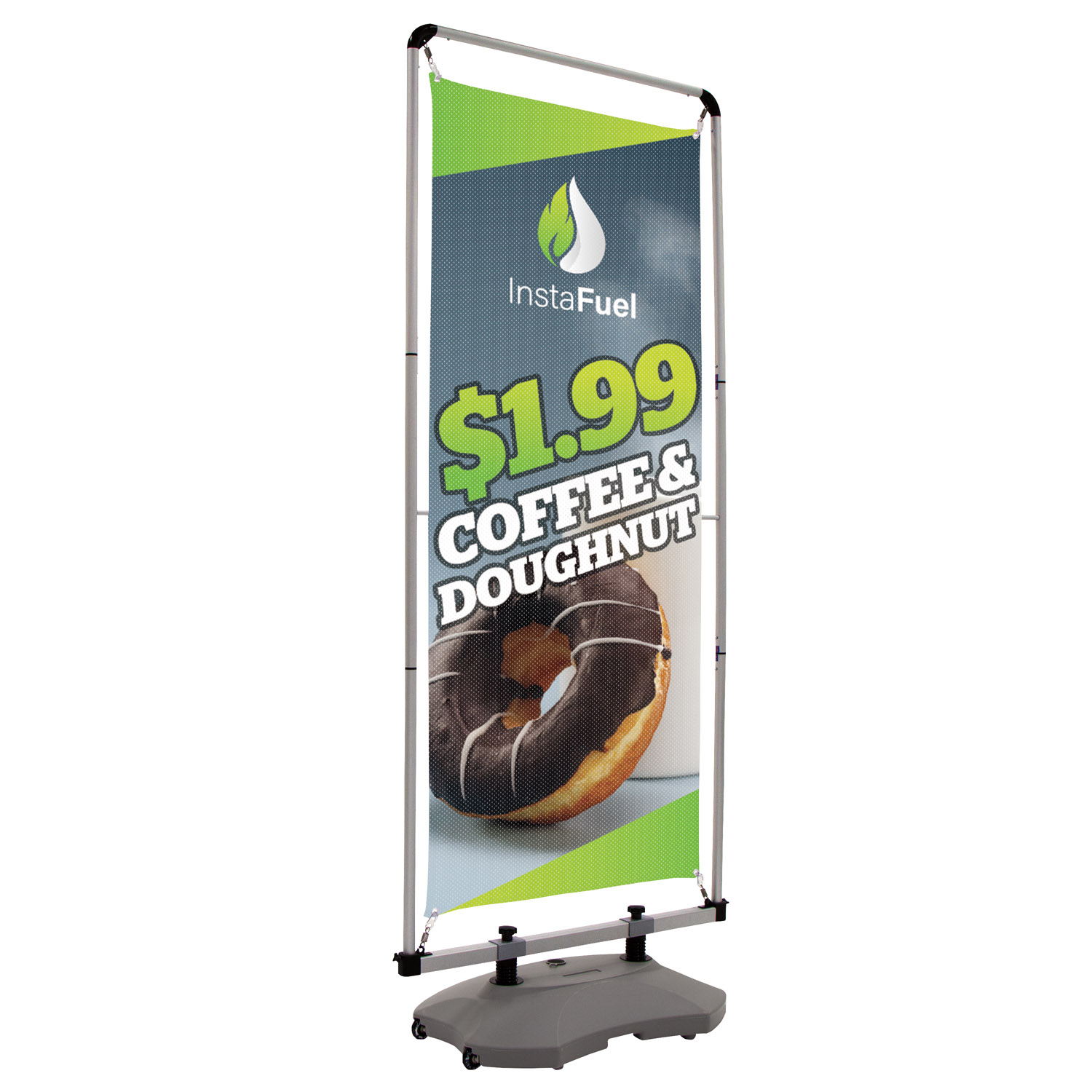 FrameWorx Flex outdoor banner stand with heavy base and mesh graphic.