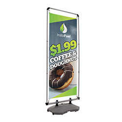 FrameWorx banner stand with graphic and sturdy base.