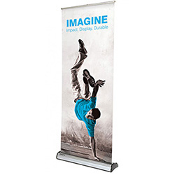 Imagine portable banner stand with interchangeable banner cartridge and rollup graphic.