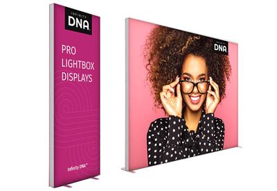 Infinity backlit light box trade show display with backlit fabric.