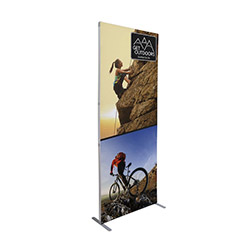 Journey SEG fabric portable banner stand with folding aluminum frame and carry case.