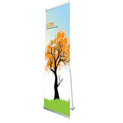 Lite non-retractable lightweight portable banner stand with rollup graphic banner.
