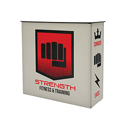 Lumiere fabric portable counter with SEG vibrant graphic.