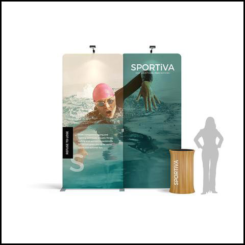 Waveline portable display counters with stretch fabric graphic.