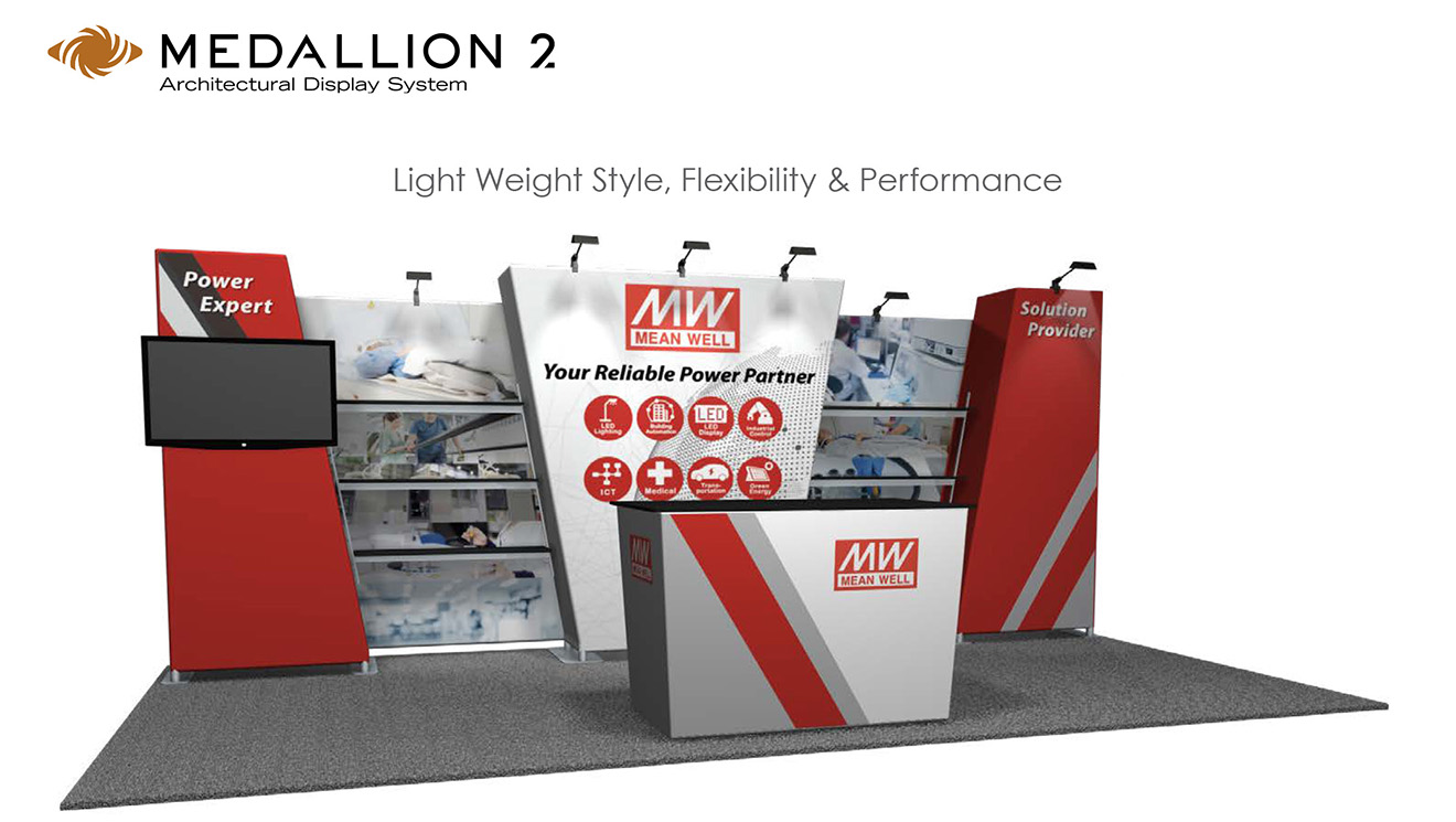 Fetherlite Medallion trade show display with lights and shelving.