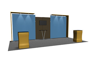 Featherlite Medallion 20' trade show display with fabric counters and straight fabric.