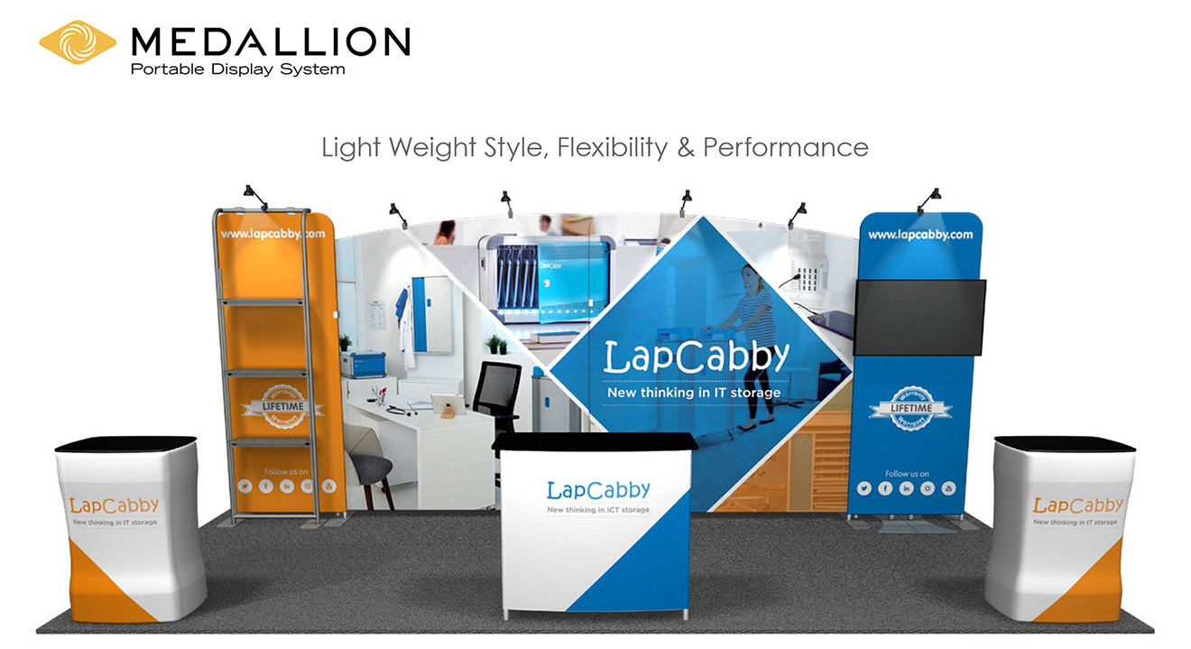 Featherlite Medallion portable trade show display with counters and shelving.