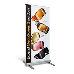 Expand MediaScreen 2 outdoor retractable banner stand with two graphic banners.