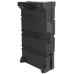 Black molded flat shipping case with built-in wheels and handles.