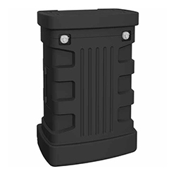 Roto-molded hard shipping case with built-in wheels and premium latches.