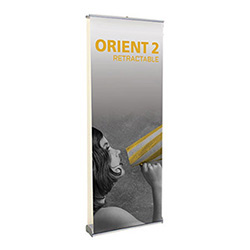 Orient 2 double-sided retractable banner stand with two rollup graphic banners and silver base.