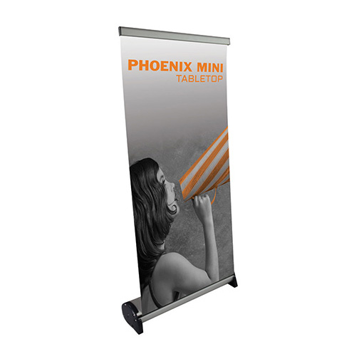 Phoenix Mini tabletop banner stand with retractable banner graphic extended.