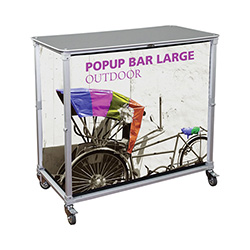 PopUp portable mini bar counter with wheels and internal shelving.