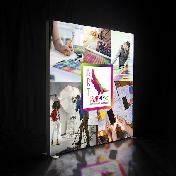 Premier 8ft SEG Glo backlit lightbox display with vibrant fabric graphic.