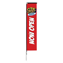 Rectangle shape outdoor flag stand with fabric banner and spike base.