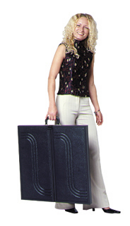 Voyager portable tabletop folding display being carried by woman in white.