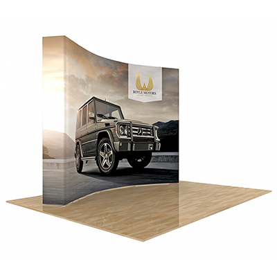 Star 10ft curve fabric pop-up display with stretch fabric graphic.