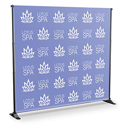 Step and Repeat adjustable banner stand backdrop with fabric banner graphic.