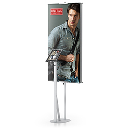 iPad or tablet stand with banner.