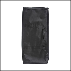 Tension stretch fabric pop-up tabletop display black carry bag.