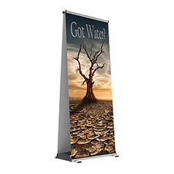 Vela outdoor retractable banner stand with heavy duty pole and water-fillable base.