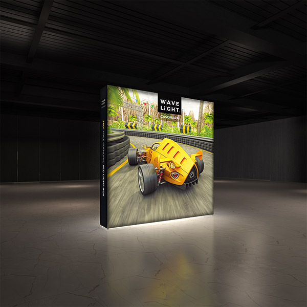 Casonara 8' portable light box display with vibrant backit fabric graphic.