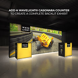 Casonara portable light box display with vibrant backit fabric graphic and backlit counter.