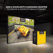 Casonara portable light box display with vibrant backit fabric graphic and backlit counter.