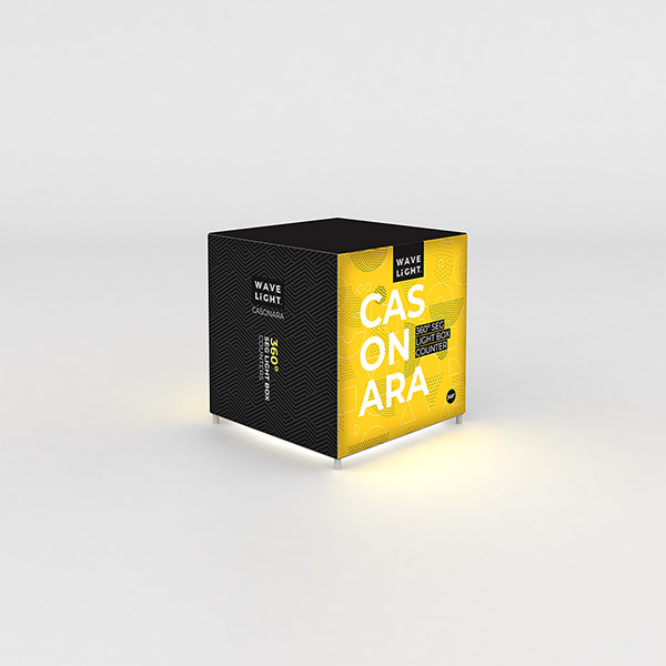 Casonara 100L light box counter with vibrant fabric backlit graphics.