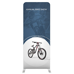 Waveline portable banner stand with two silver feet and stretch fabric graphic banner.