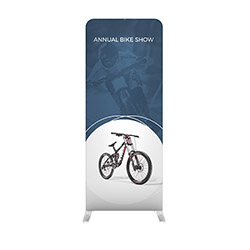 Waveline portable banner stand with two silver feet and stretch fabric graphic banner.