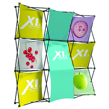 Xpressions 3x3 stretch fabric pop-up display with multiple graphics.