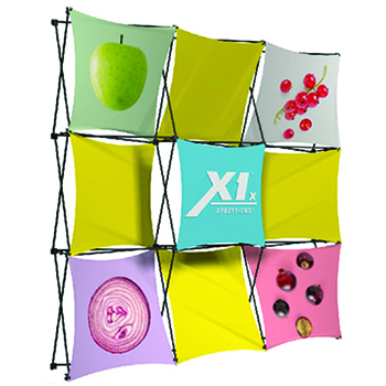 Xpressions 8' stretch fabric pop-up display with multiple graphics.