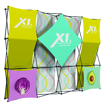 Xpressions 10' stretch fabric pop-up display with multiple graphics.