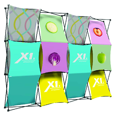 Xpressions 4x3 stretch fabric pop-up display with multiple graphics.