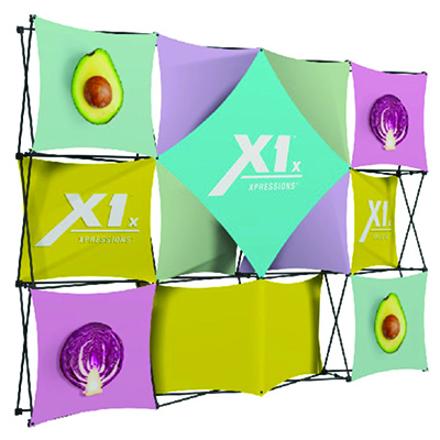 Xpressions 4x3 frame stretch fabric pop-up display with multiple graphics.