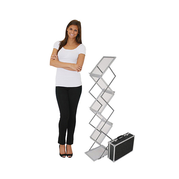 Zedup Lite literature brochure stand Z shape in silver with 6 pockets and carry bag.