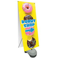 Zeppy x-frame style outdoor banner stand with base.